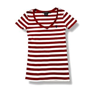 Ralph Lauren Sport Baby Tee Striped Stretch Knit V Neck Red White Preppy SZ S/XS